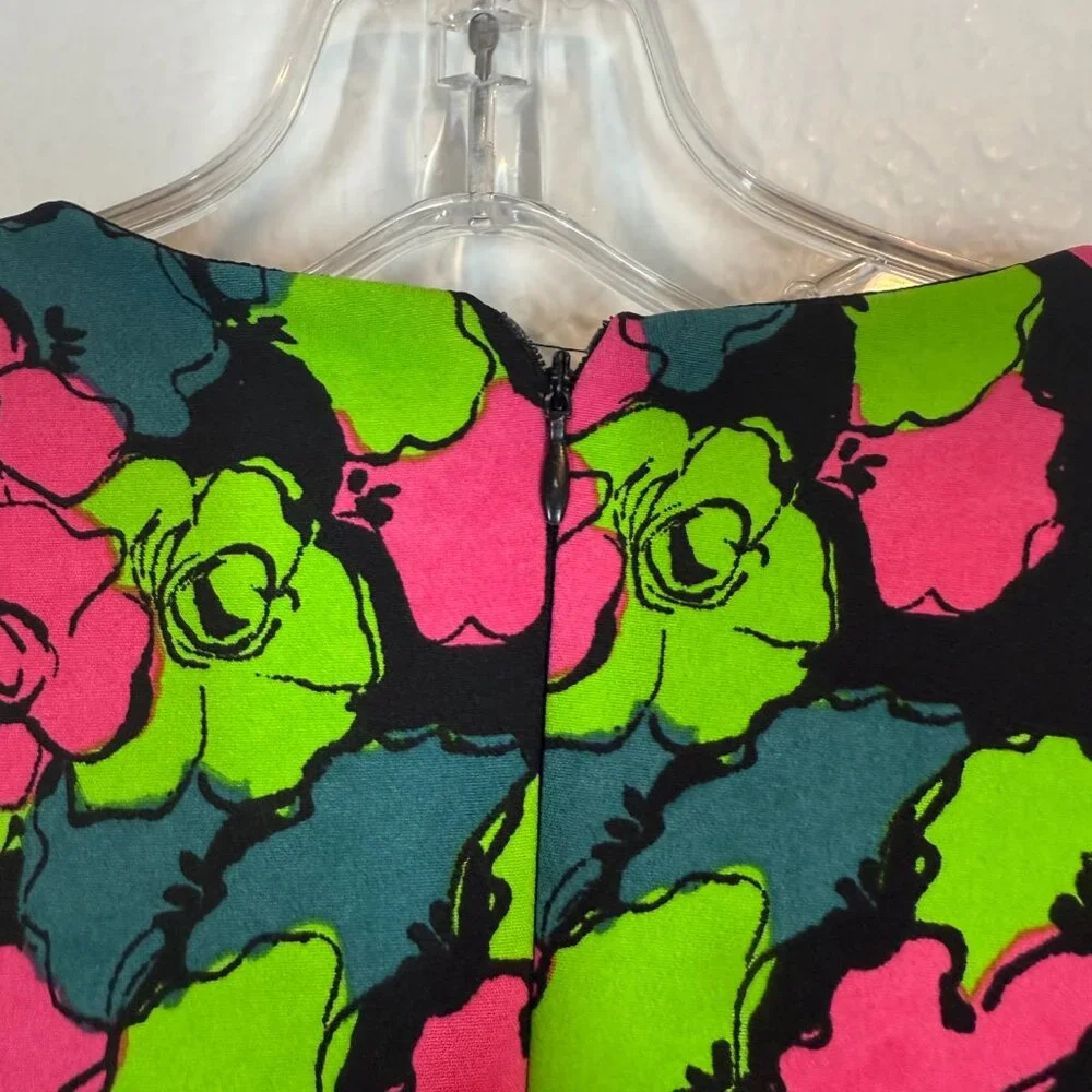 ZARA Floral Bodysuit Top Long Sleeve Wrap V Neck Black Pink Green Neon Small